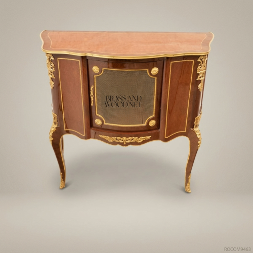 Louis XV Rococo Mahogany Commode Gilt Bronze Ormolu Glass Door Red Velvet Brass & Wood Front View | Brass & Wood