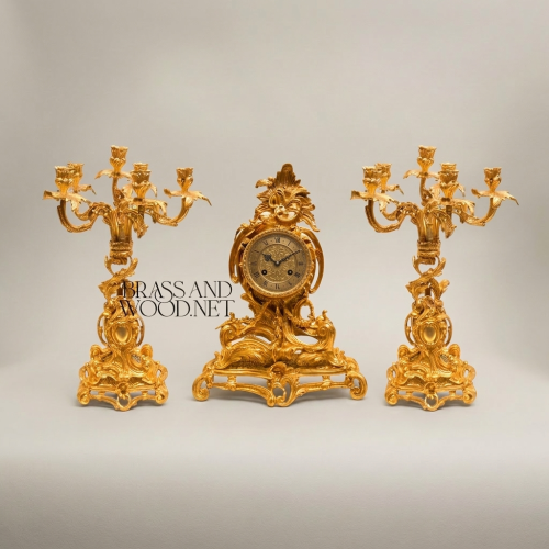 Louis XV Rococo Gilt Brass Mantel Clock Garniture with Five-Arm Candelabra Scrollwork Carved Gold Front | Brass & Wood