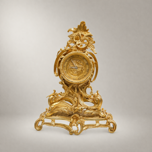 Louis XV Rococo Gilt Brass Mantel Clock Garniture with Five-Arm Candelabra Scrollwork Carved Gold Front | Brass & Wood
