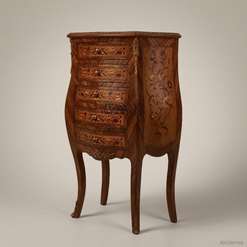 Louis XV Rococo Bombe Commode Marquetry Floral Inlay Antique Brass Ormolu Brass & Wood Front View | Brass & Wood