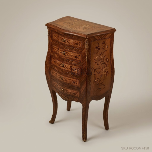 Louis XV Rococo Bombe Commode Marquetry Floral Inlay Antique Brass Ormolu Brass & Wood Front View | Brass & Wood
