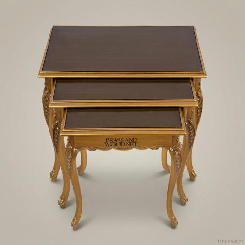 Louis XV Rococo Nesting Tables Hand-Carved Gold Leaf Dark Walnut Solid Wood Brass & Wood Front View | Brass & Wood