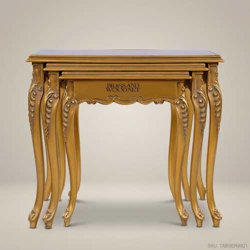 Louis XV Rococo Nesting Tables Hand-Carved Gold Leaf Dark Walnut Solid Wood Brass & Wood Front View | Brass & Wood