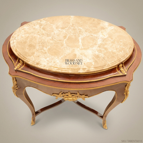 Louis XV Round Side Table Marble Top Ormolu Mounts Mahogany Antique Gold Brass & Wood Front View | Brass & Wood