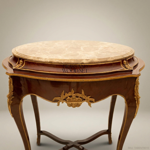 Louis XV Round Side Table Marble Top Ormolu Mounts Mahogany Antique Gold Brass & Wood Front View | Brass & Wood