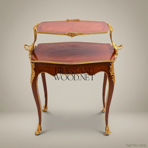 Louis XV Two-Tier Tea Trolley Mahogany Rose Glass Gilt Bronze Ormolu Rococo Brass & Wood Front View | Brass & Wood