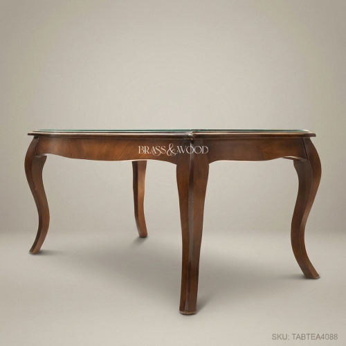 Louis XV Rococo Walnut Tea Table Cabriole Legs Glass Top Antique Finish Brass & Wood Front View | Brass & Wood