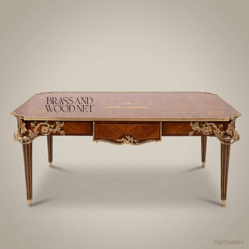 Louis XV Rococo Writing Desk Floral Marquetry Gilt Bronze Mounts Solid Wood Brass & Wood Front View | Brass & Wood