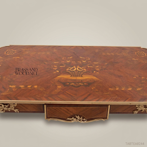 Louis XV Rococo Writing Desk Floral Marquetry Gilt Bronze Mounts Solid Wood Brass & Wood Front View | Brass & Wood