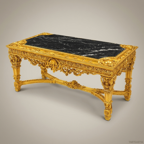 Louis XVI Baroque Centre Table – Gold Leaf Carved Wood & Black Marble Top