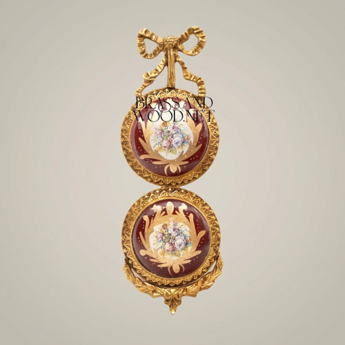 Louis XVI Double Medallion Brass Porcelain Wall Frame Bow Crest Hand-Painted Floral Panels Brass and Wood Gold Front | Brass & Wood