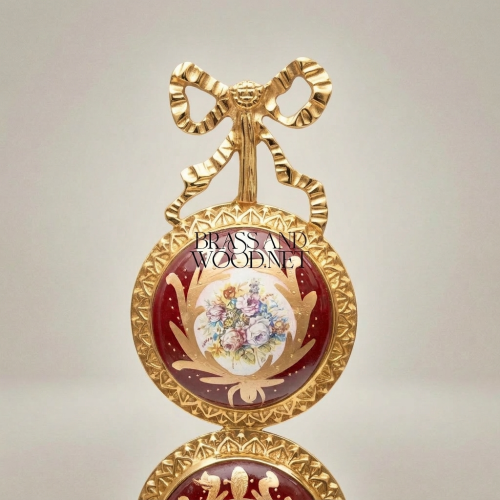 Louis XVI Double Medallion Brass Porcelain Wall Frame Bow Crest Hand-Painted Floral Panels Brass and Wood Gold Front | Brass & Wood