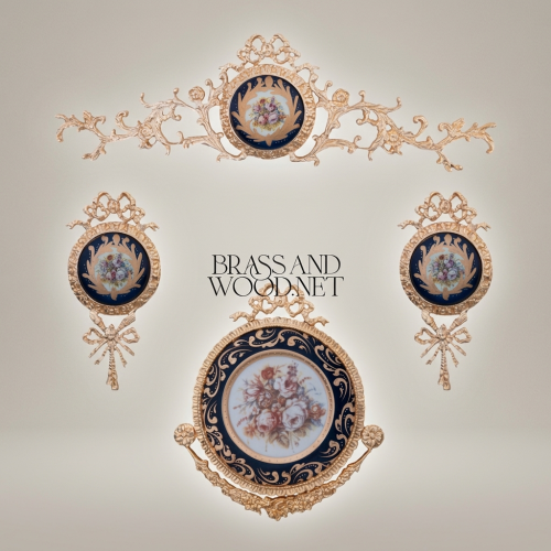 Louis XVI Handcrafted Brass Porcelain Wall Medallion Bow Rocaille Floral Frame Gold Front | Brass & Wood