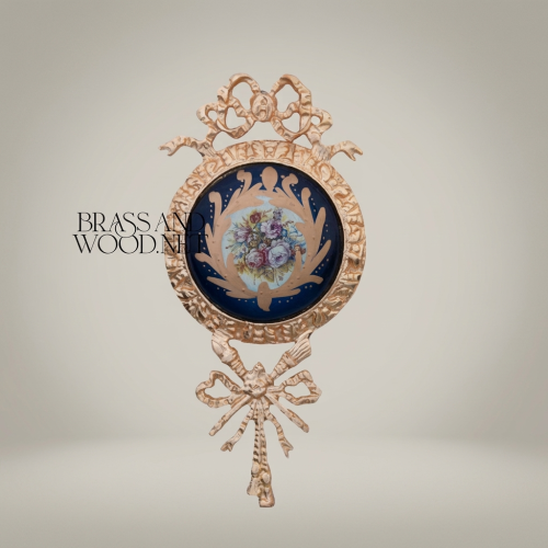 Louis XVI Handcrafted Brass Porcelain Wall Medallion Bow Rocaille Floral Frame Gold Front | Brass & Wood