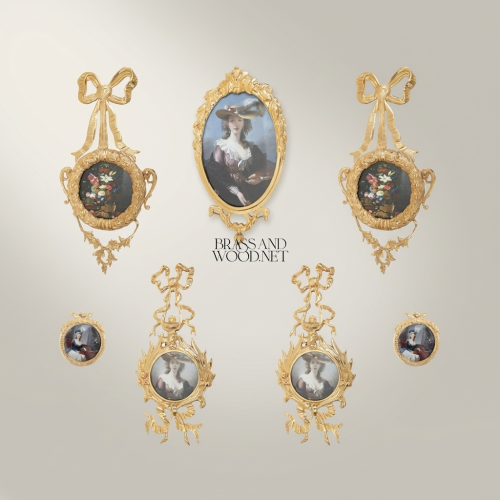 Louis XVI Brass Wall Frame with Bow Ribbon & Floral Swag Ornament