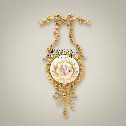 Louis XVI Brass Wall Medallion Frame with Hand-Painted Porcelain Insert and Ribbon Bow Cresting