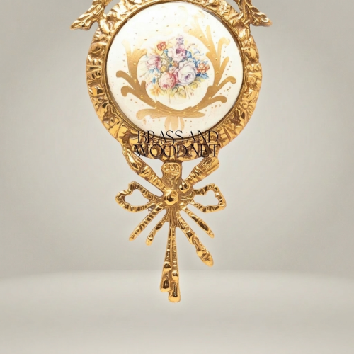 Louis XVI Brass Wall Medallion Frame with Hand-Painted Porcelain Insert and Ribbon Bow Cresting