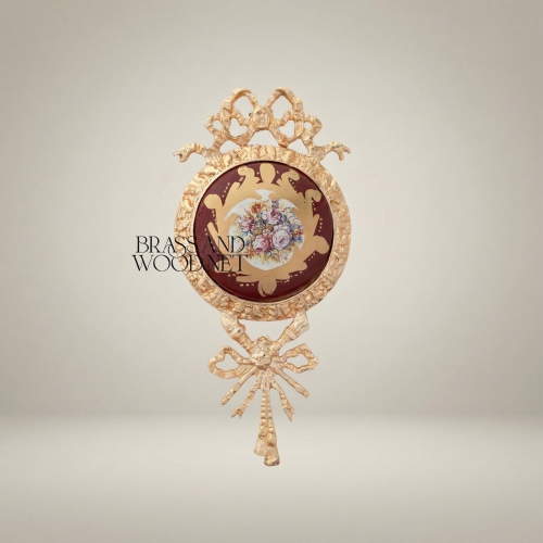 Louis XVI Handcrafted Brass Wall Medallion Wine Ceramic Floral Bouquet Ribbon Bow Ornament Brass and Wood Gold Front | Brass & Wood