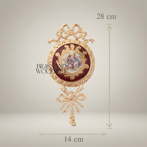 Louis XVI Handcrafted Brass Wall Medallion Wine Ceramic Floral Bouquet Ribbon Bow Ornament Brass and Wood Gold Front | Brass & Wood