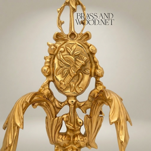 Louis XVI Twin Arm Brass Wall Sconce with Crystal Pendants Fluted Glass Shades Ornate Cartouche Gold Front | Brass & Wood