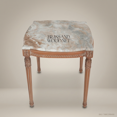Louis XVI Corner Side Table Carved Solid Wood Antique Walnut Natural Marble Top Neoclassical Brass & Wood Front View | Brass & Wood