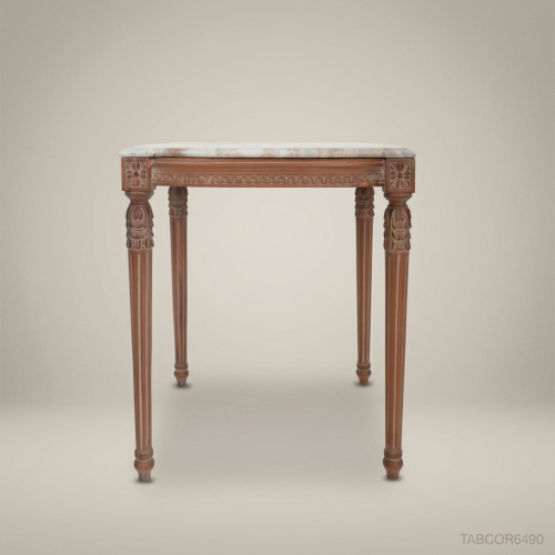 Louis XVI Corner Side Table Carved Solid Wood Antique Walnut Natural Marble Top Neoclassical Brass & Wood Front View | Brass & Wood