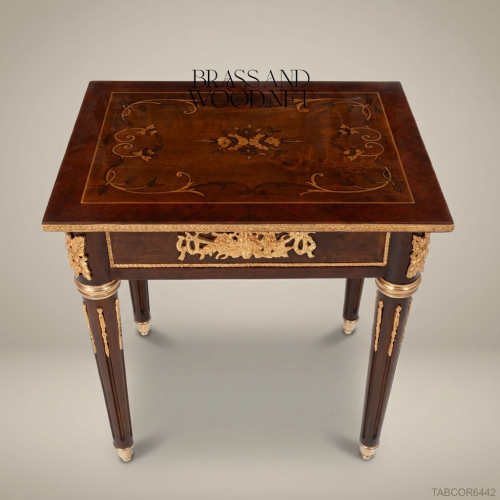 Louis XVI Solid Mahogany Corner Table Floral Marquetry Gilt Bronze Ormolu Mounts Brass and Wood Front View | Brass & Wood