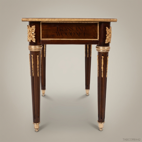 Louis XVI Solid Mahogany Corner Table Floral Marquetry Gilt Bronze Ormolu Mounts Brass and Wood Front View | Brass & Wood
