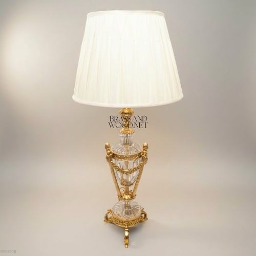 Louis XVI Handcrafted Crystal Urn Table Lamp with Brass Garland Pinecone Finials Off-White Shade Gold Front | Brass & Wood