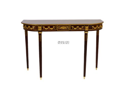Louis XVI Demilune Console Table Mahogany Gilt Bronze Ormolu Neoclassical Brass and Wood Front View | Brass & Wood