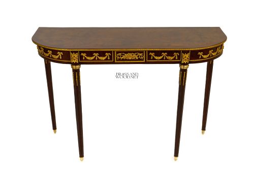 Louis XVI Demilune Console Table Mahogany Gilt Bronze Ormolu Neoclassical Brass and Wood Front View | Brass & Wood