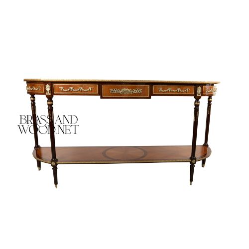 Louis XVI Demilune Console Solid Mahogany Parquetry Marquetry Gilded Ormolu Brass Wood Front View | Brass & Wood