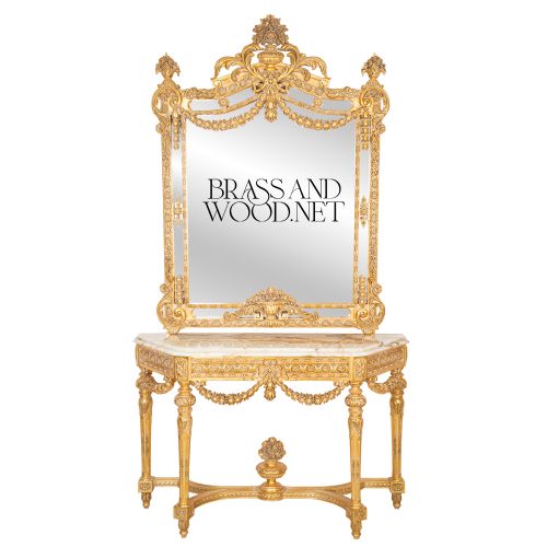 Louis XVI Gold Leaf Console Table Mirror Carved Solid Wood Natural Marble Brass & Wood Front View | Brass & Wood