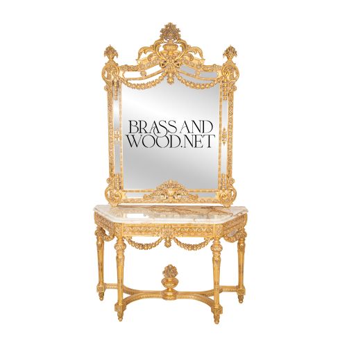 Louis XVI Gold Leaf Console Table Mirror Carved Solid Wood Natural Marble Brass & Wood Front View | Brass & Wood