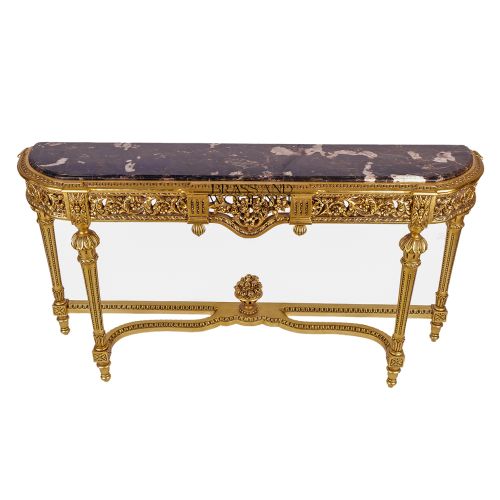 Louis XVI Giltwood Console Table Dark Marble Top Floral Pierced Apron Gold Leaf Brass & Wood Front View | Brass & Wood