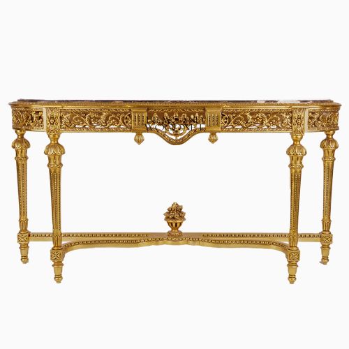 Louis XVI Giltwood Console Table Dark Marble Top Floral Pierced Apron Gold Leaf Brass & Wood Front View | Brass & Wood