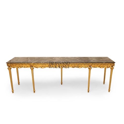 Louis XVI Grand Console Table Hand-Carved Solid Wood Gold Leaf Emperor Marble Top Brass and Wood Front View | Brass & Wood