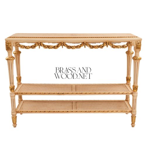 Louis XVI Ivory Lacquer Gold Leaf Console Table Floral Swag Carved Wood Cane Shelves Brass & Wood Front View | Brass & Wood