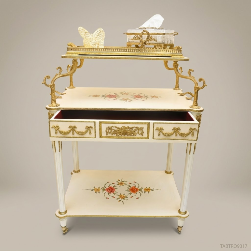 Louis XVI Ivory & Gold Leaf Tea Trolley with Hand-Painted Floral Panels