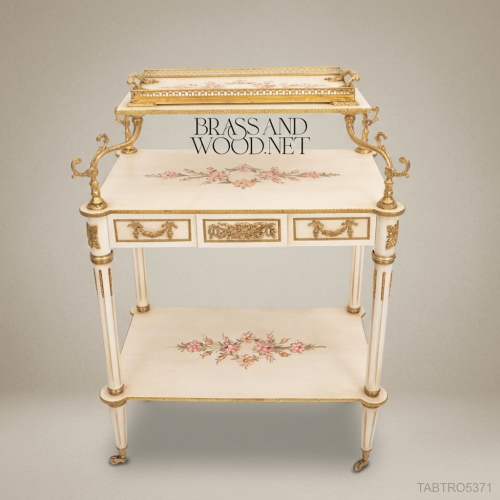 Louis XVI Ivory & Gold Leaf Tea Trolley with Hand-Painted Florals