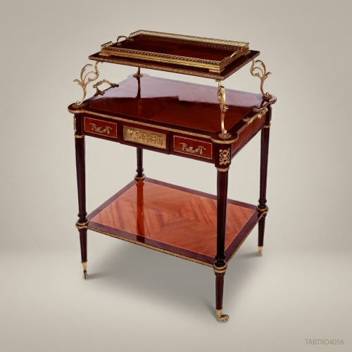 Louis XVI Mahogany Antique Brass Tea Trolley Removable Gallery Tray Fluted Legs Brass & Wood Front View | Brass & Wood