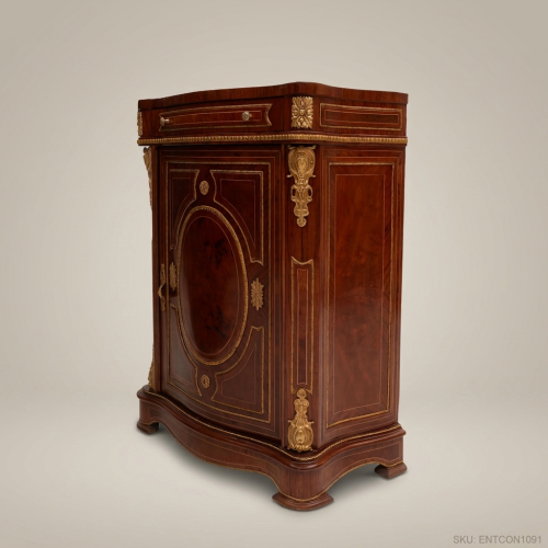 Louis XVI Mahogany Console Cabinet Antique Brass Marquetry Ormolu Mounts Brass & Wood Front View | Brass & Wood