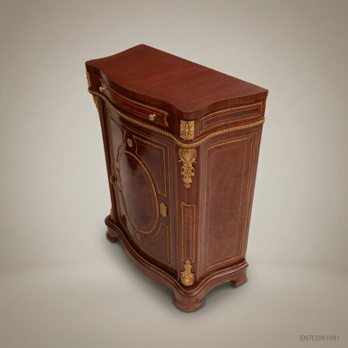 Louis XVI Mahogany Console Cabinet Antique Brass Marquetry Ormolu Mounts Brass & Wood Front View | Brass & Wood