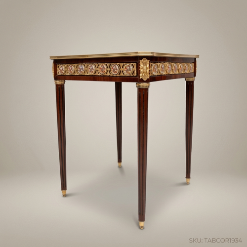 Louis XVI Marquetry Corner Table Gilt Bronze Ormolu Mahogany Brass Wood Front View | Brass & Wood