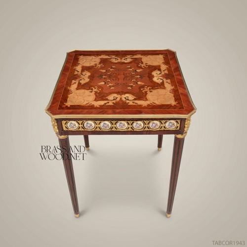 Louis XVI Marquetry Corner Table Gilt Bronze Ormolu Porcelain Medallions Mahogany Brass Wood Front View | Brass & Wood