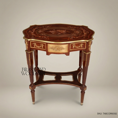 Louis XVI Mahogany Corner Table Floral Marquetry Gilded Ormolu Mounts Brass & Wood Front View | Brass & Wood