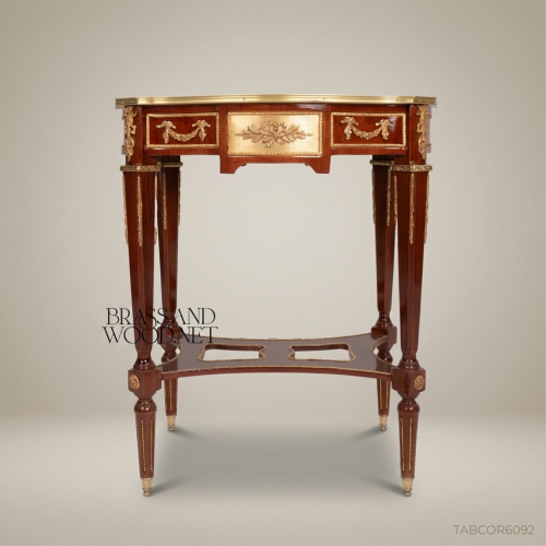 Louis XVI Mahogany Corner Table Floral Marquetry Gilded Ormolu Mounts Brass & Wood Front View | Brass & Wood