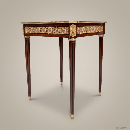Louis XVI Marquetry Corner Table Ormolu Mounts Porcelain Medallions Mahogany Brass & Wood Front View | Brass & Wood