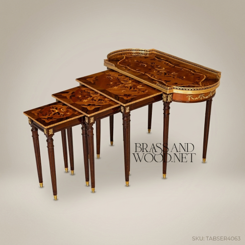 Louis XVI Marquetry Nesting Tables Set Solid Hardwood Antique Brass Ormolu Floral Inlay Brass & Wood Front View | Brass & Wood