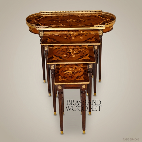 Louis XVI Marquetry Nesting Tables Set Solid Hardwood Antique Brass Ormolu Floral Inlay Brass & Wood Front View | Brass & Wood